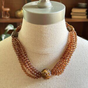 Vintage Brown Beaded Necklace Multi-Strand Plastic Beads with Floral Accent Bead
